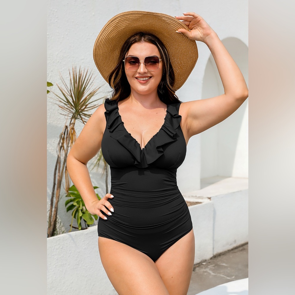 NWT Retro, Black Ruffled Shaping Swimsuit